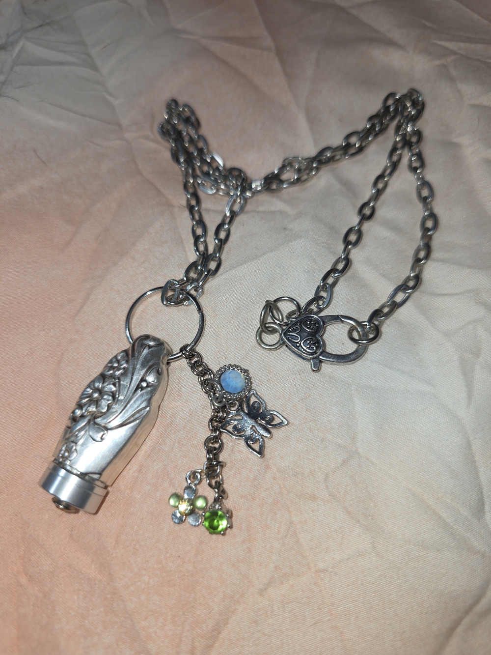 Silver Floral Pendant Necklace with Green and Blue Crystal Charms
